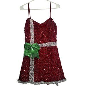 Eyeshadow Red Sequin Christmas Party Dress Womens XL Green Bow Present (Flaw)